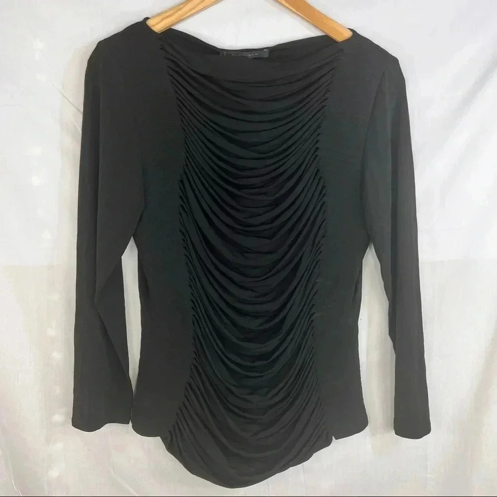 ELIE TAHARI Womens Pleated Detail MatteJersey Long Sleeve Black Top Sz L Classic - Picture 2 of 13